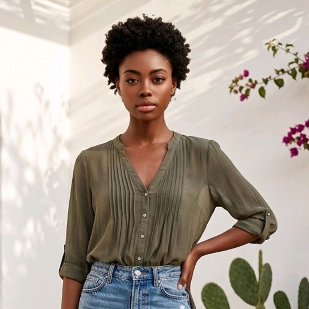 Olive Green V Neck Blouse Medium Button Down Pleated Casual Flowy Top Effortless